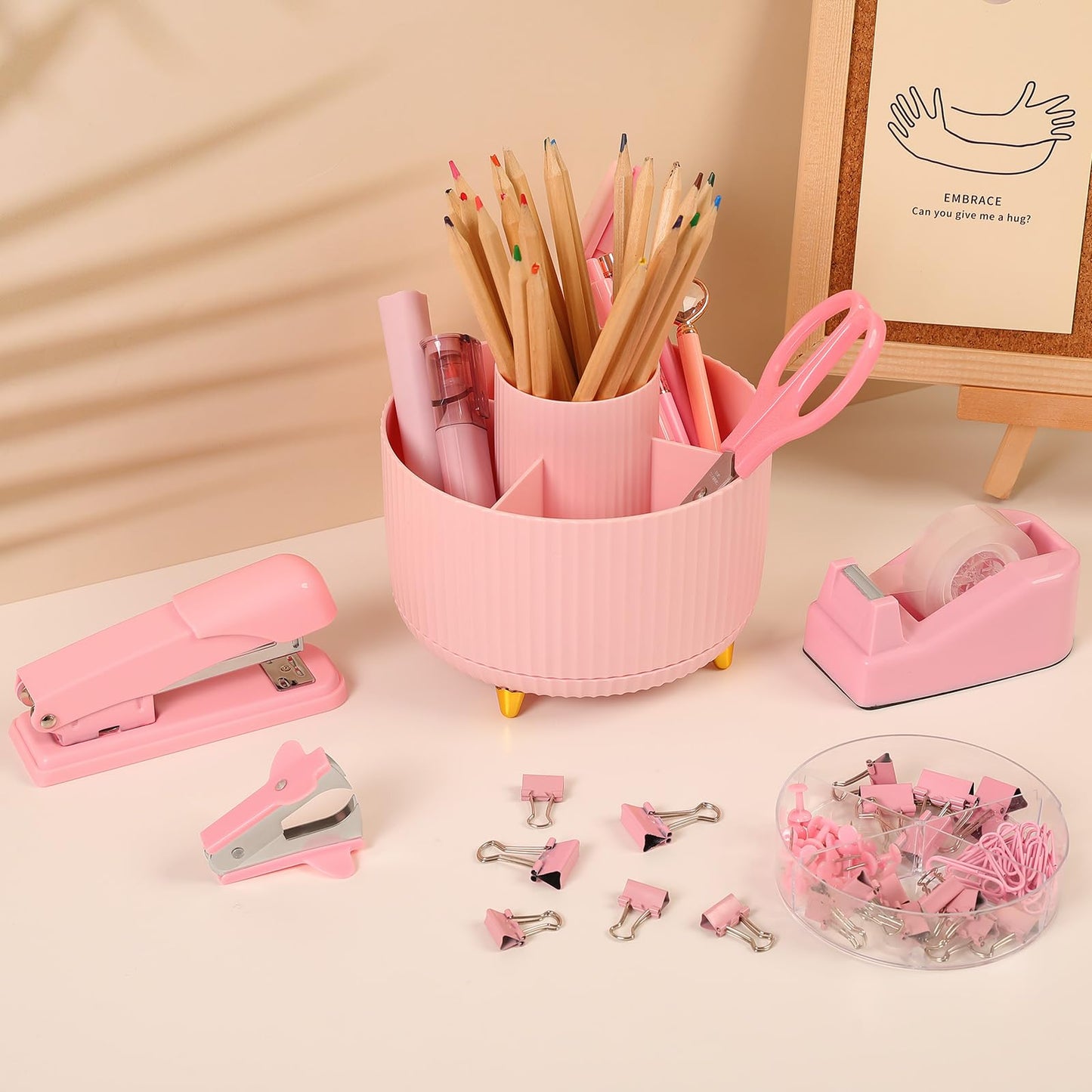 SKYDUE Pink Desk Accessories 10Pcs, 360-Degree Rotating Pen Holder, Stapler, Staple Remover, Tape Dispenser,2pcs Tape Refills, Binder Paper Clips Kit, Scissor,Pink Office Supplies