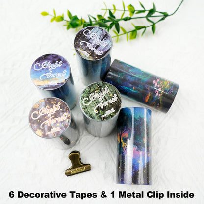 AuriicLeaf Night Forest Seamless Washi Tape Scrapbook Kit – 6 Rolls with Starry Sky, Fairy Woods & Twilight Designs for Journaling, DIY Crafts, Gift Wrapping, Card Making, Decoration, 3.15in Wide