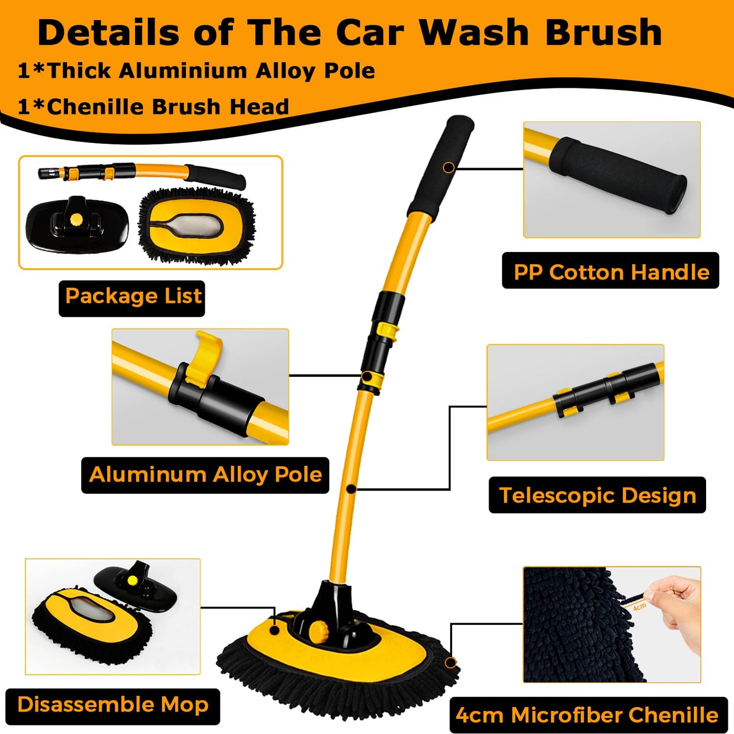 15° Arch Car Wash Brush with Long Handle 43" Telescopic Truck Camper Cleaning Mop RV Automotive Wheel Boat Windshield Exterior Interior 2 in 1 Microfiber Carwash Duster Not Hurt Paint Scratch Free