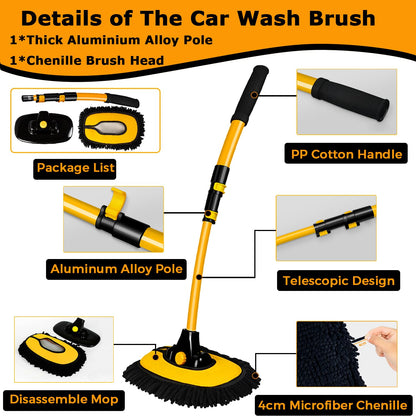 15° Arch Car Wash Brush with Long Handle 43" Telescopic Truck Camper Cleaning Mop RV Automotive Wheel Boat Windshield Exterior Interior 2 in 1 Microfiber Carwash Duster Not Hurt Paint Scratch Free