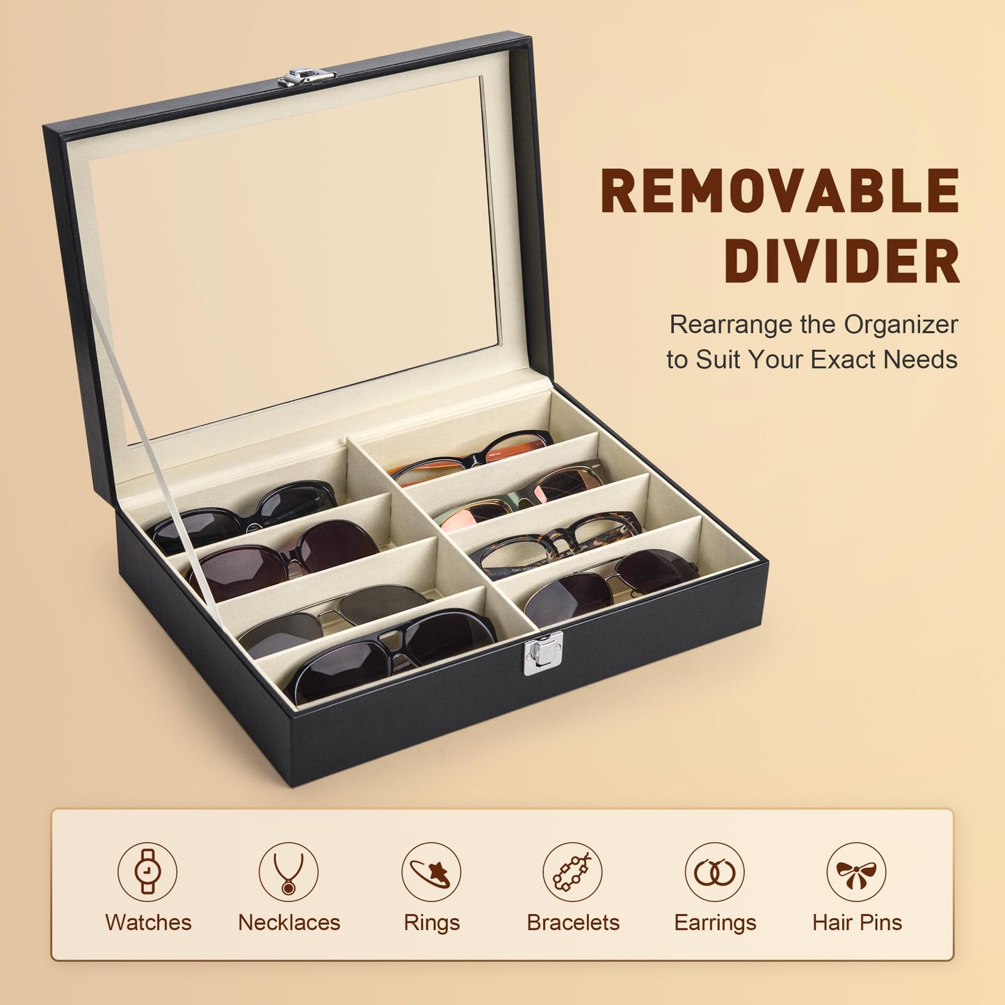 CO-Z Leather Multi Sunglasses Organizer Box for Women Men, Eyeglasses Eyewear Display Case, Sunglass Glasses Storage Box (8 Slot)