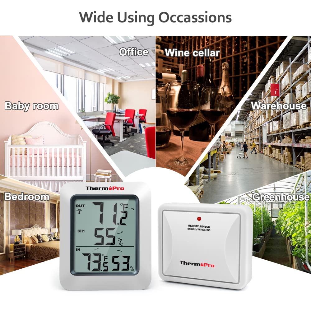 ThermoPro TP60B Digital Hygrometer Indoor Outdoor Thermometer Wireless Temperature and Humidity Gauge Monitor Room Thermometer with 500ft/150m Range Humidity Meter