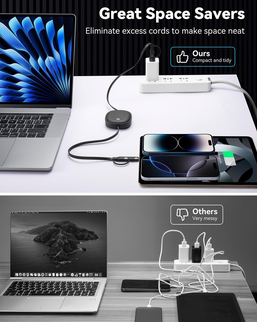 MINLU 5-in-1 Retractable Multi Charging Cable, 100W 2Pack Multiple Charger Cable Charging Cord Fast Charging and Data Sync with USB A/C for iPhone,iPad,Samsung Galaxy,MacBook,iPad,Tablets,PS & More