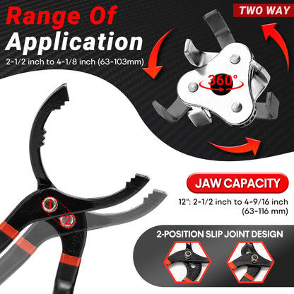 SHALL Oil Filter Removal Set, Universal 3-Jaw Oil Filter Wrench, 12 Inch Adjustable Metal Oil Filter Plier, 1/2"(F)×3/8"(M) Adapter & PVC Gloves Included, for Cars, Motorcycles