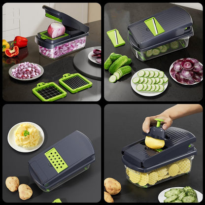Chkout Vegetable Chopper with Container, 13-in-1 Mandoline Slicer Dicer & Spiralizer, Onion Veggie Chopper, Potato Fry Cutter, Manual Food Chopper, Kitchen Tools Gadgets