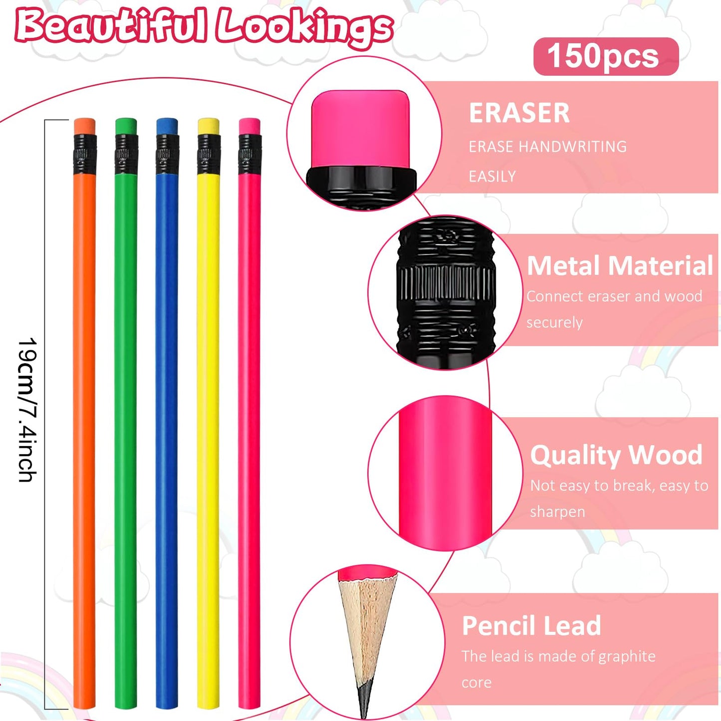 150 Pieces Neon Wood Pencils Colorful Round Pencils with Top Erasers Kids Birthday Goody Bag Bulk Filler for Exams, School, Office, Sketching and Learning Activities