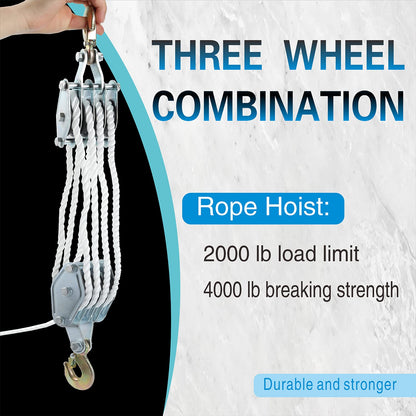 4000LB 65 Feet Rope Hoist Pulley Heavy Duty 2 Ton Wheel Block and Tackle System 7:1 Ratio Lifting Power