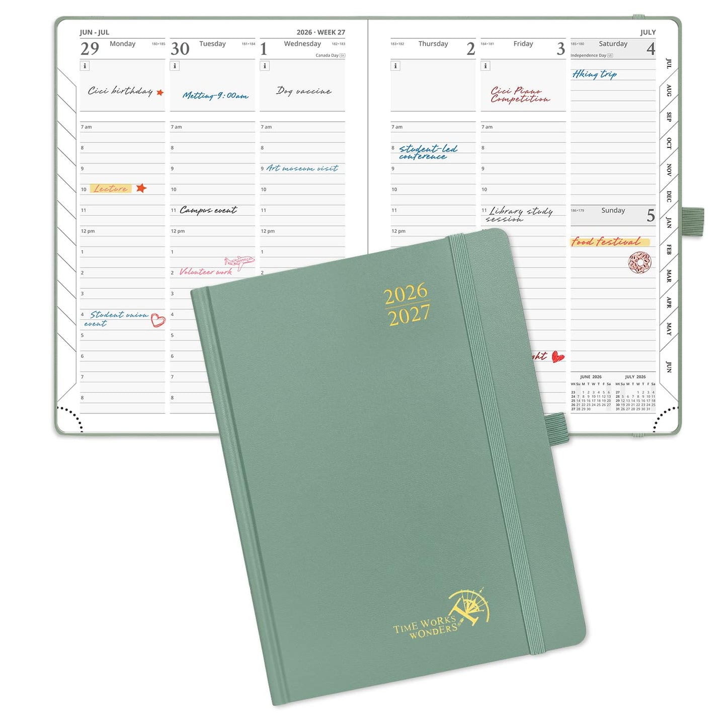 POPRUN 2026-2027 Academic Planner, 6.5" x 8.75", Weekly and Monthly Calendar, July 2026 to June 2027, Hardcover Appointment Book with Verital Layout, Hourly Time Slots, Monthly Tabs - Midnight Green