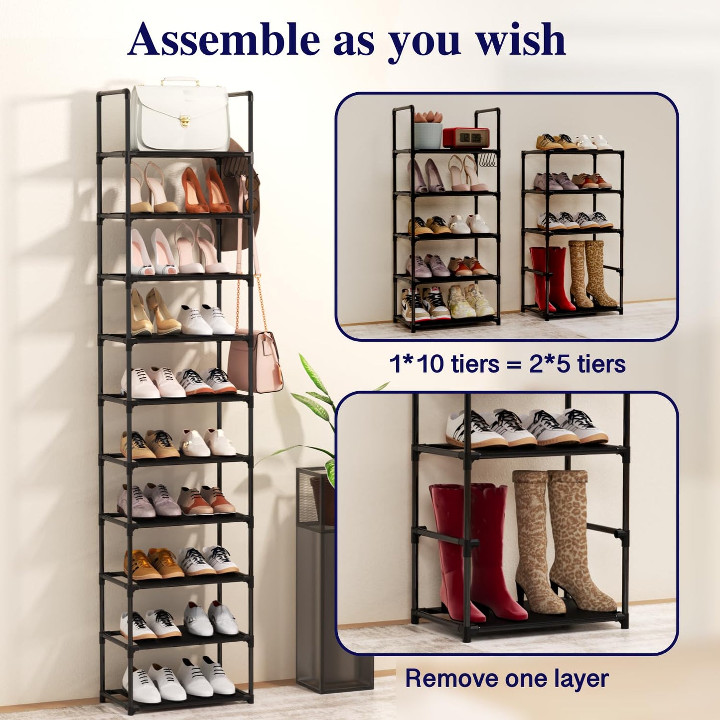 Shoe Rack, 10 Tier Tall Shoe Storage Organizer for Closet Entryway, 20-24 Pairs Narrow Metal Shoe Stand Shelf Holder Space Saving（Black）