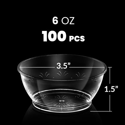 Clear Mini Plastic Bowls - (Bulk 100 Pack) 6 Oz Premium Hard Plastic Dessert Bowls for Serving, Weddings, Catering, Parties, Ice Cream, Home or Event Party Supplies