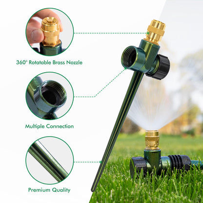 RESTMO 2 Pack Heavy-Duty Full-Metal Lawn Sprinkler for Yard with Durable Brass Nozzle, Premium Spike Base, 360° Large Area Coverage Lawn Sprinkler for Patio and Garden Irrigation