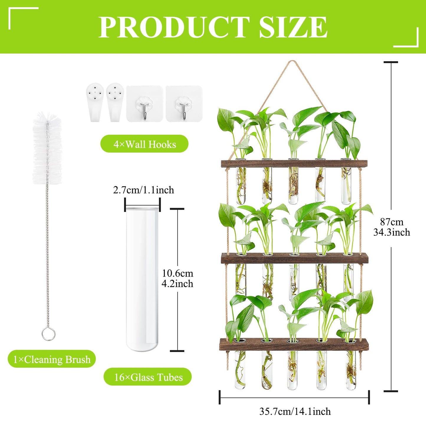 3 Tier Hanging Propagation Station, Wall Hanging Planter Terrarium with Wooden Stand&16 Glass Test Tubes, for Hydroponic Cuttings, Home Office Decor (3Tier&16Tubes)