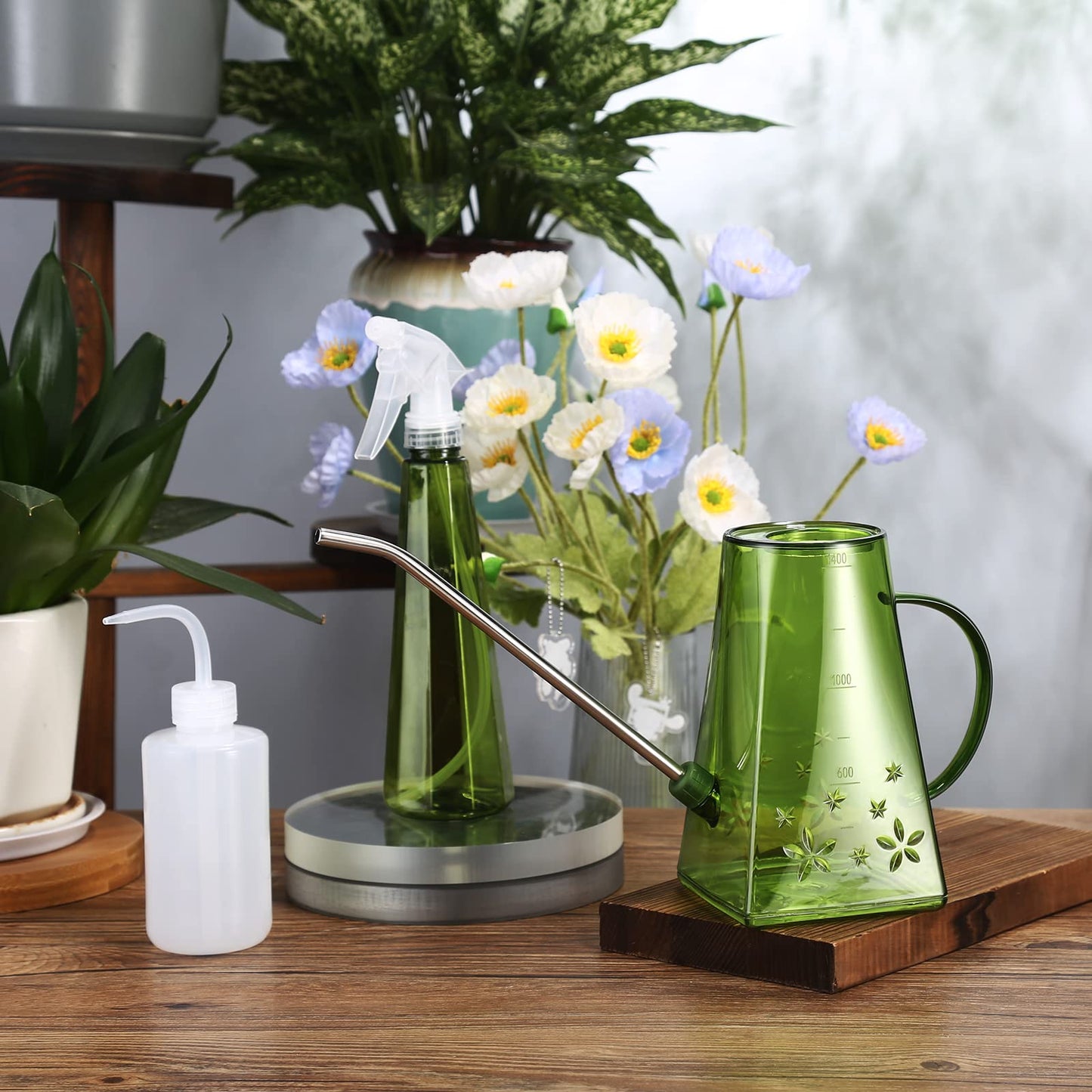 Watering Can, Goowin Watering Can Indoor Plants, Long Spout Small Watering Can for Indoor Outdoor Plants, 47 oz Indoor Plant Watering Can with Bonus 16 oz Spray Bottle & 8.5 oz Squeeze Bottle, Green