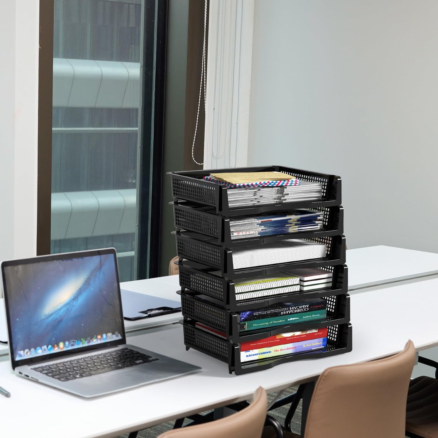 Vcansay 6 Tier Plastic A4 Size Document Trays, Office Stackable Letter Paper File Trays, Black