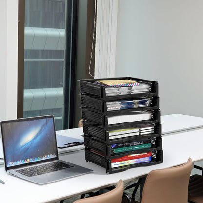 Vcansay 6 Tier Plastic A4 Size Document Trays, Office Stackable Letter Paper File Trays, Black