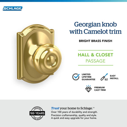 Schlage F10 GEO 605 CAM Georgian Door Knob with Camelot Trim, Hall & Closet Passage Lock, Bright Brass