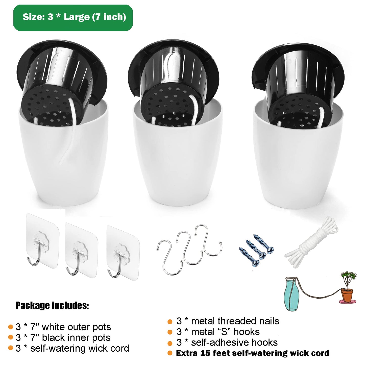 3 Pack Hanging Planter Pots Self Watering Vertical Garden Wall Mount Window Hang Round Plastic Container Indoor Outdoor for Plants Flowers Succulent Kitchen Living Herbs Holder Decor Decoration White