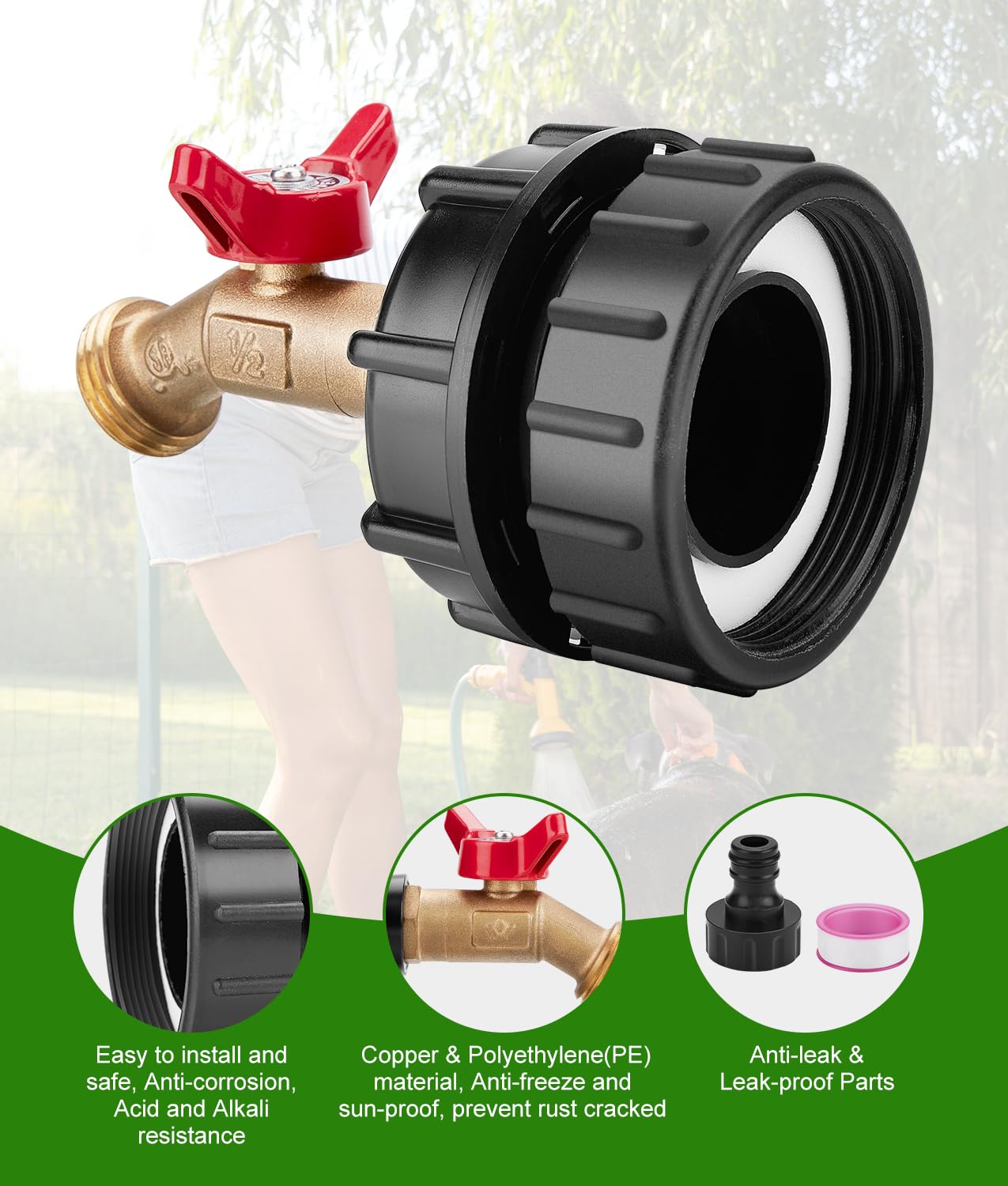 WADEO IBC Tote Adapter, IBC Tote Fittings 1/2" Male NPT Inlet 3/4" GHT Male Garden Hose Quick Connector Outlet Brass Ball Valve Faucet with 60 62mm Female Fine Thread with for Garden Hose Connector