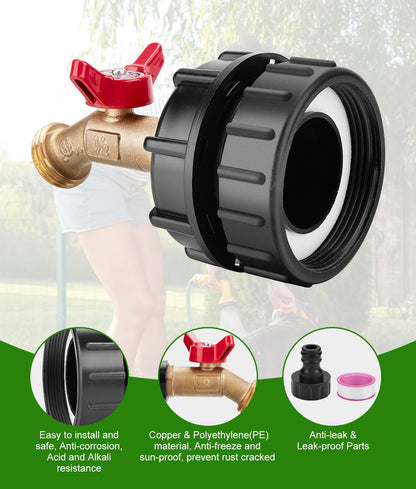 WADEO IBC Tote Adapter, IBC Tote Fittings 1/2" Male NPT Inlet 3/4" GHT Male Garden Hose Quick Connector Outlet Brass Ball Valve Faucet with 60 62mm Female Fine Thread with for Garden Hose Connector