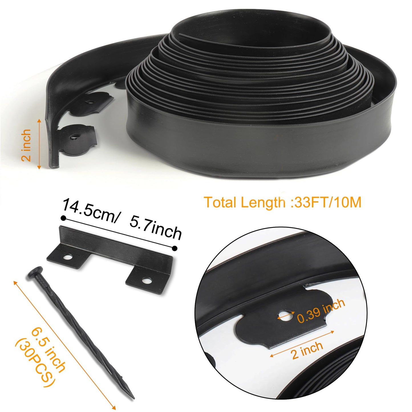 2 inch Tall Landscape Edging No Dig 33FT Garden Edging with 30 Spikes, Landscape Edging Border for Landscaping, Lawn, Flower Beds, Grass, Yard (2inch 33ft)