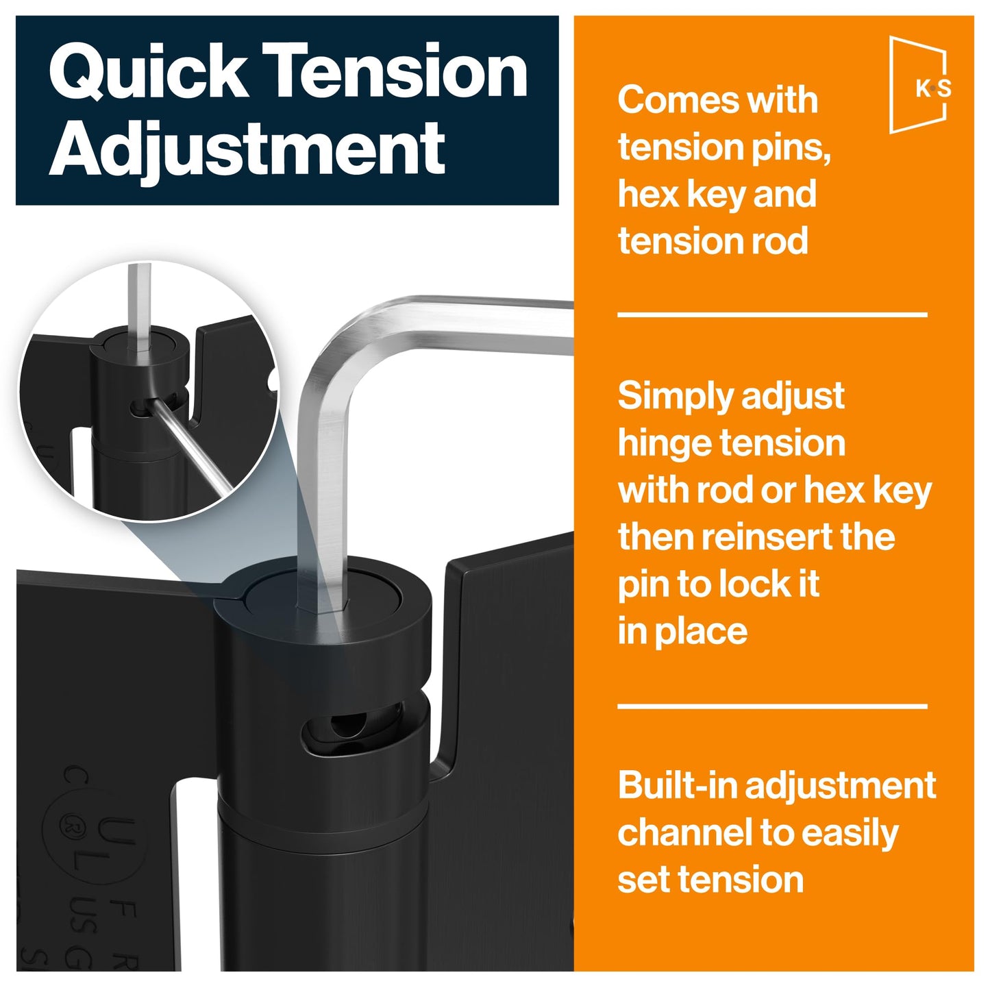 KS Hardware Mortise Spring Hinge | Automatic Self Closing Door Hinges with Complete Installation Hardware | 4" X 4" with 5/8" Radius Corners | 2 Pack, Matte Black Finish