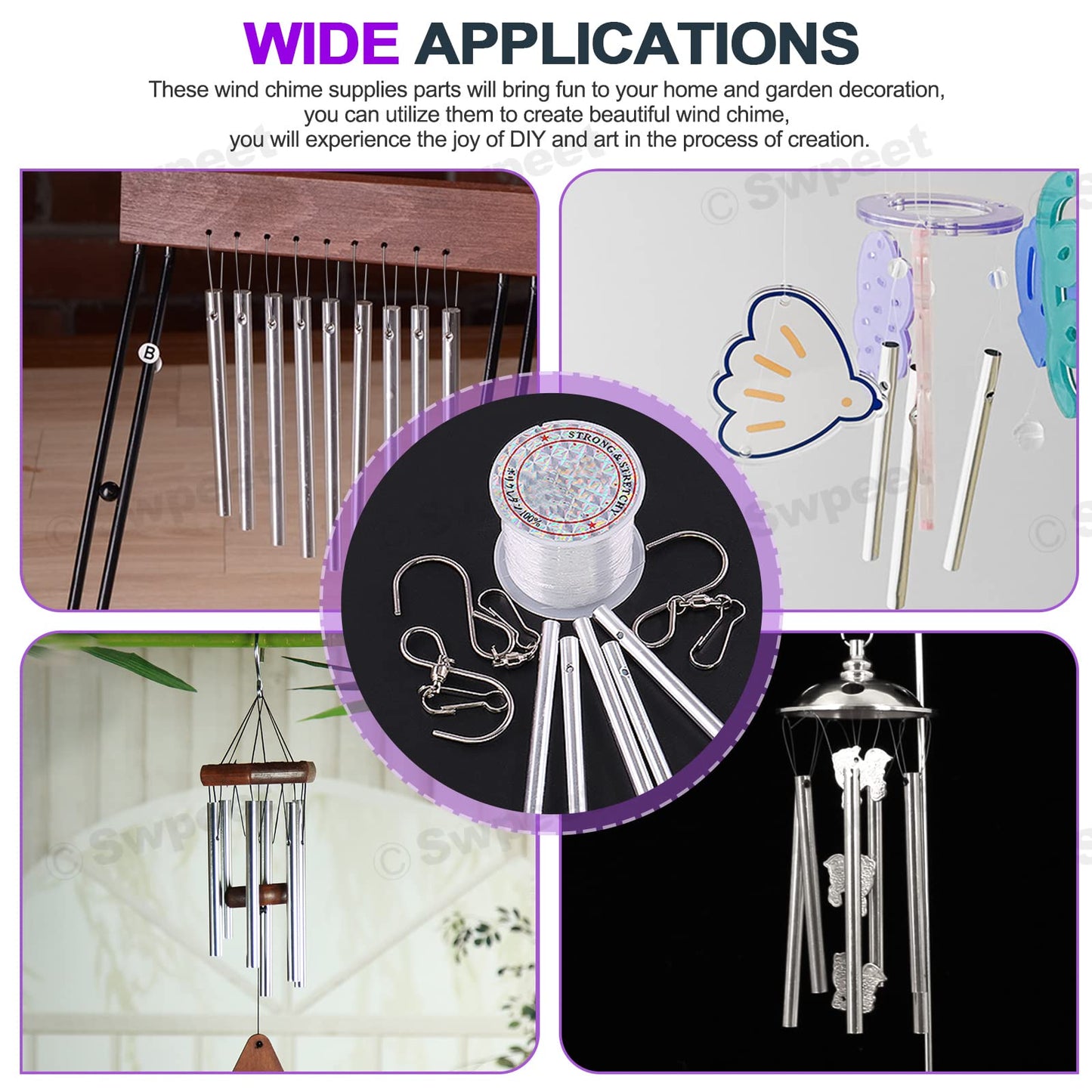 Swpeet 61pc Wind Chime Tubes & Wire Kit with Swivel Hooks, DIY Crafts Hanging Wind Chimes