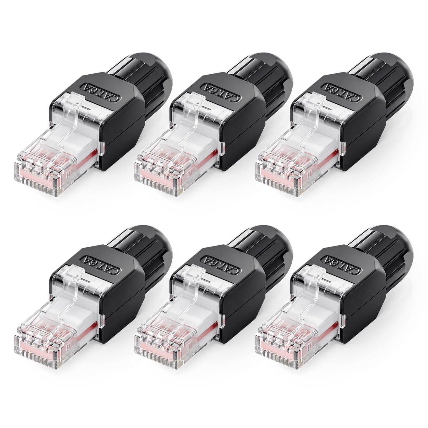 VCELINK CAT6A Tool-Free RJ45 Connector, 10 Gbps, UTP No-Crimp Compact Reusable Plug for Field Termination for 23-26 AWG Ethernet Cables, Black, 6-Pack