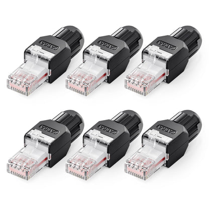 VCELINK CAT6A Tool-Free RJ45 Connector, 10 Gbps, UTP No-Crimp Compact Reusable Plug for Field Termination for 23-26 AWG Ethernet Cables, Black, 6-Pack