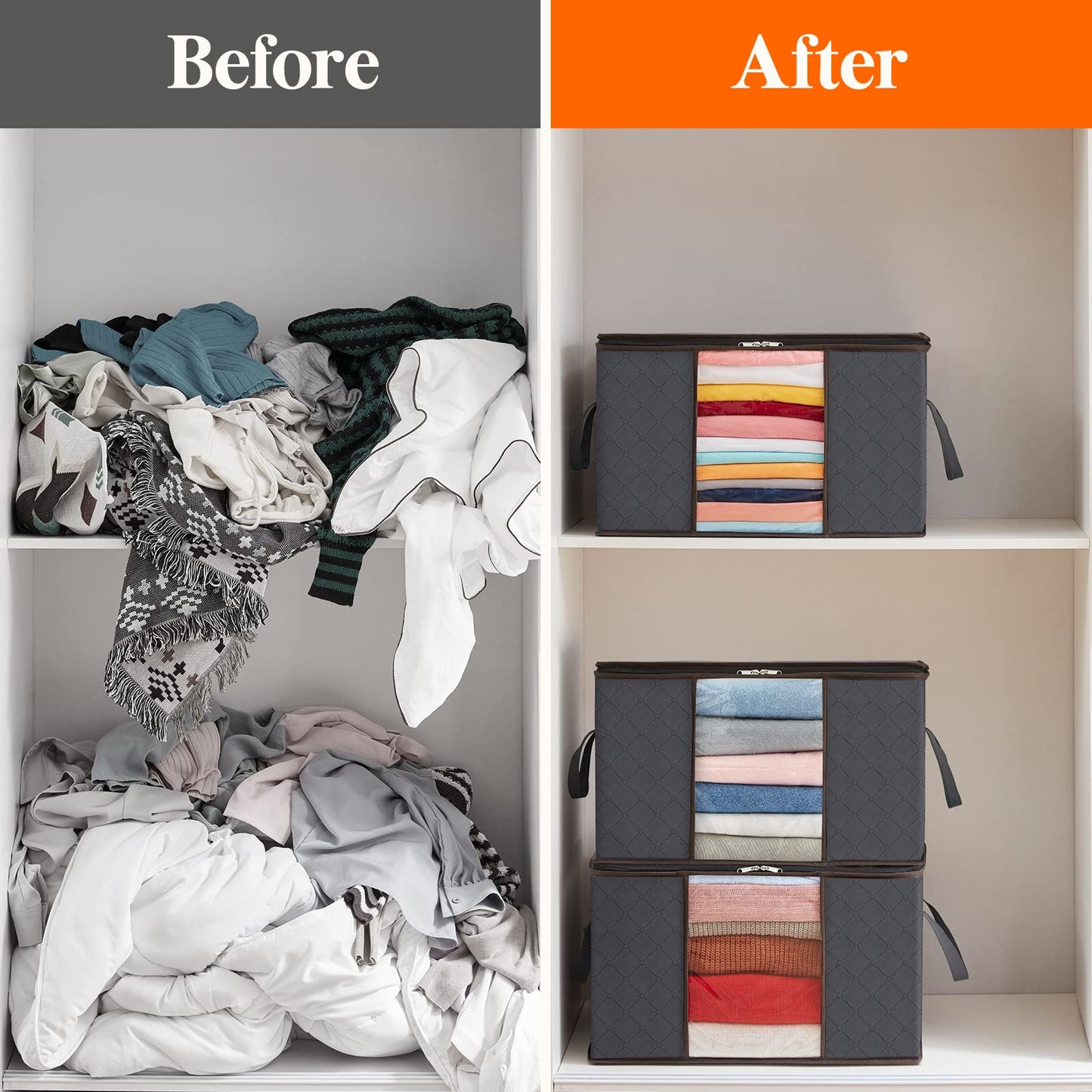 Lifewit 4 Pack Clothes Storage Bag, Foldable Storage Bins for Clothes, Blankets, Fabric Wardrobe Closet Organizers with Reinforced Handle, Sturdy Zipper, Moving Bags With Clear Window, Grey