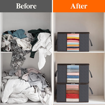 Lifewit 4 Pack Clothes Storage Bag, Foldable Storage Bins for Clothes, Blankets, Fabric Wardrobe Closet Organizers with Reinforced Handle, Sturdy Zipper, Moving Bags With Clear Window, Grey