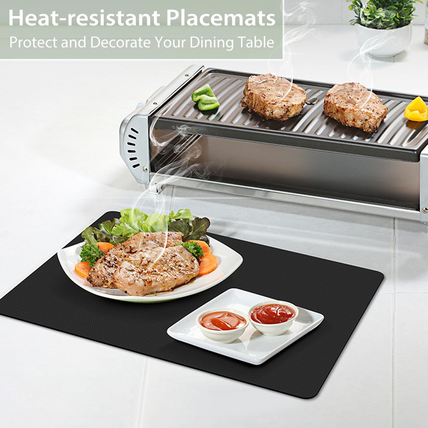 BARTHKIT Placemats Set of 6, Heat Resistant Luxury Leather Placemats Double Layer, Waterproof Table Mats Easy to Clean for Dining Room Kitchen Coffee Office Table, Black