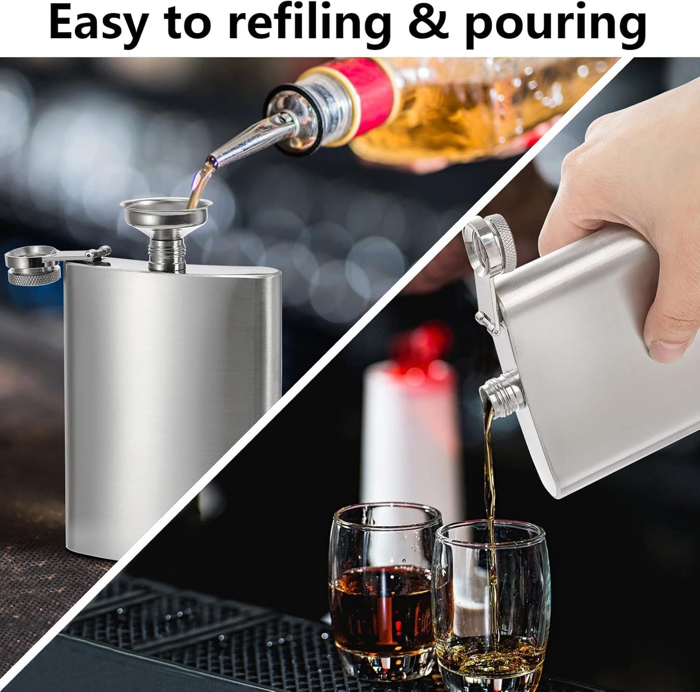 Tebery 8 oz Stainless Steel Hip Flask & Funnel Set, Set of 6