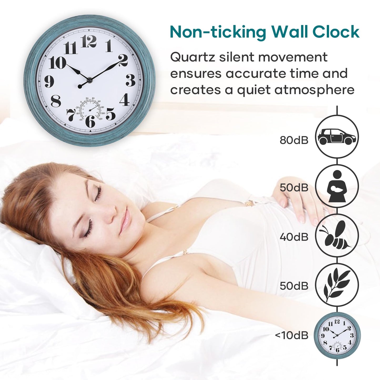 Aurowit Outdoor Wall Clock with Thermometer 12 Inch Waterproof Outdoor Clocks Battery Operated Wall Clock Dark Black Non Ticking for Patio Pool (Green, 12 Inch)
