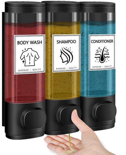 Volufia Shower Dispenser 3 Chamber No Drill, Shampoo Dispenser for Shower Wall, Shampoo and Conditioner Dispenser, Shower Soap Dispenser Bathroom 3x300ML, Black