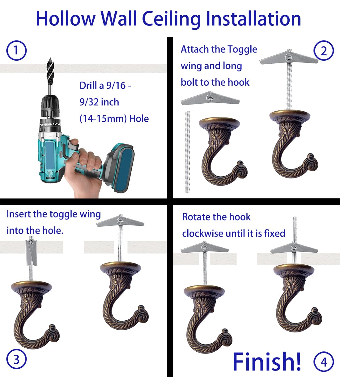 OBSTKUCHEN 6 Sets Large Swag Ceiling Hooks Heavy Duty Swag Hook with Hardware for Hanging Plants Ceiling Installation Cavity Wall Fixing (Antique Brass)