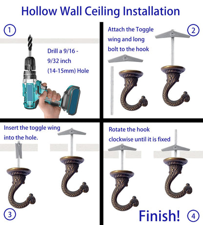 OBSTKUCHEN 6 Sets Large Swag Ceiling Hooks Heavy Duty Swag Hook with Hardware for Hanging Plants Ceiling Installation Cavity Wall Fixing (Antique Brass)