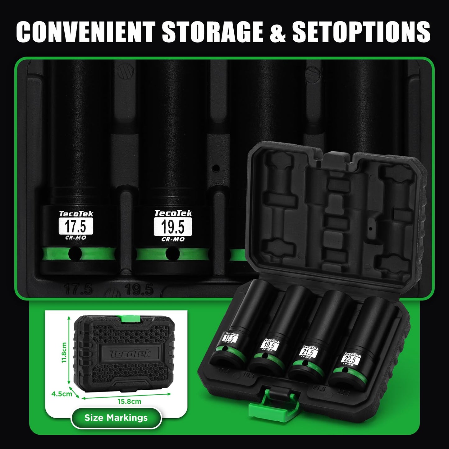 TecoTek 4PCS 1/2" Drive 1/2 Size Thin Wall Lug Nut Socket Set, Half Size Wheel Socket, 17.5mm, 19.5mm, 21.5mm, and 22.5mm, CR-MO, for Damaged, Swollen and Stuck Lug Nuts