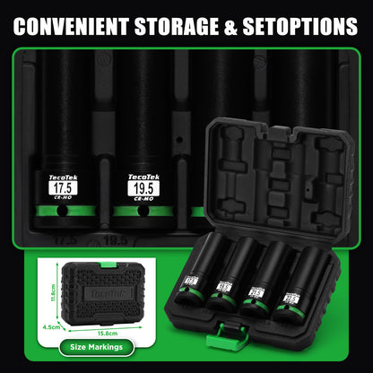 TecoTek 4PCS 1/2" Drive 1/2 Size Thin Wall Lug Nut Socket Set, Half Size Wheel Socket, 17.5mm, 19.5mm, 21.5mm, and 22.5mm, CR-MO, for Damaged, Swollen and Stuck Lug Nuts
