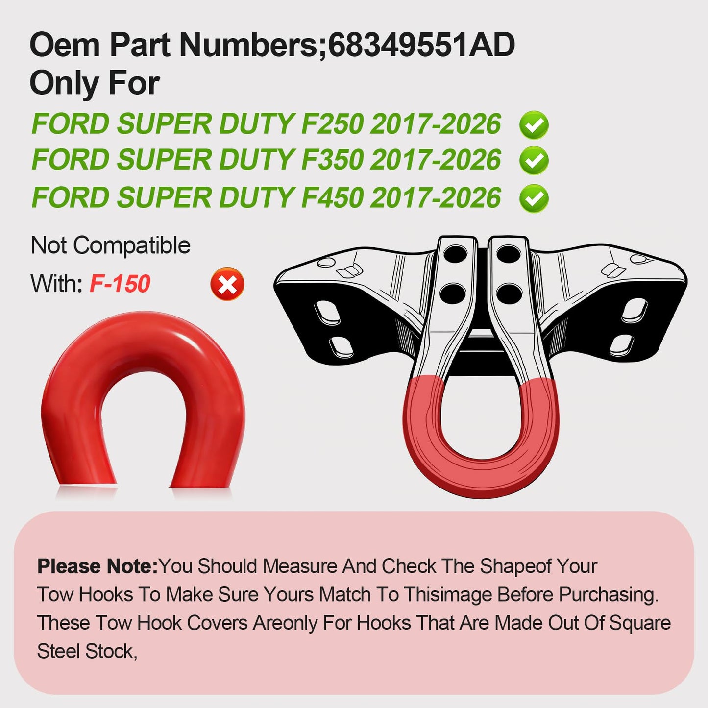 TOVIIEA Tow Hook Covers for Ford Super Duty F250 F350 F450 2017-2026 Thicken Upgrade, Tow Hitch Covers Compatible with F250/F350/F450 2017-2026 Accessories,2PCS-RED