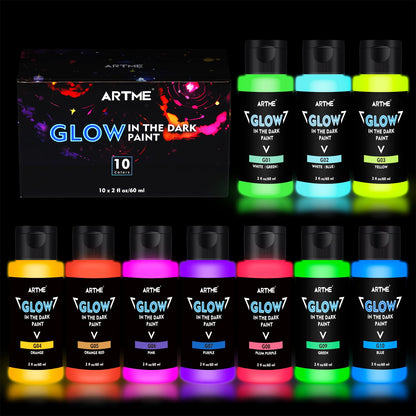 ARTME Glow in The Dark Paint, 10 Bright Colors 60ml/2oz Blacklight Paint Set, Neon Craft Paint, Acrylic Glow Fluorescent Paint Perfect for Art Painting, DIY projects, Halloween and Christmas