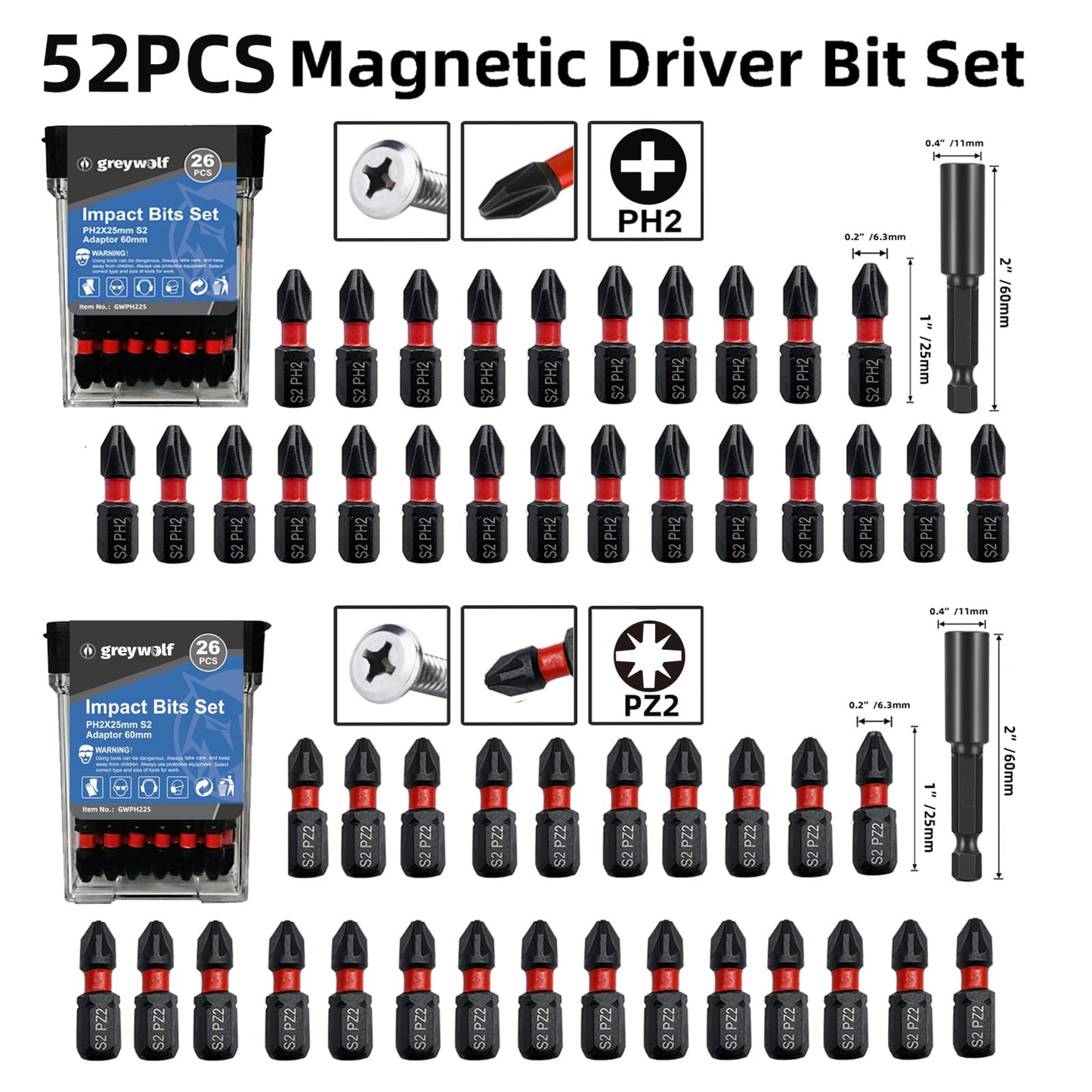 Impact Phillips Screwdriver Bits Set, 32 non-slip screwdriver bits, S2 steel, 1-inch PH2-PZ2 bits Setting, 1/4-inch hexagonal shank impact driver bit, with impact driver bit holder and storage case