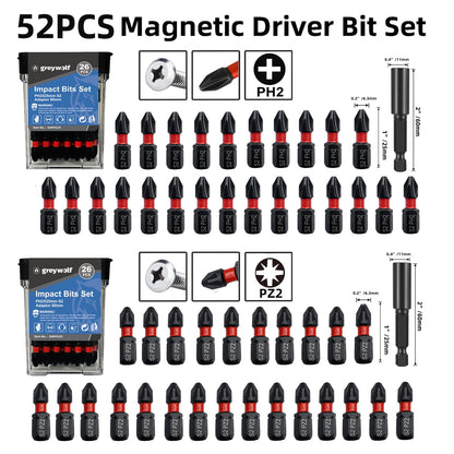 Impact Phillips Screwdriver Bits Set, 32 non-slip screwdriver bits, S2 steel, 1-inch PH2-PZ2 bits Setting, 1/4-inch hexagonal shank impact driver bit, with impact driver bit holder and storage case