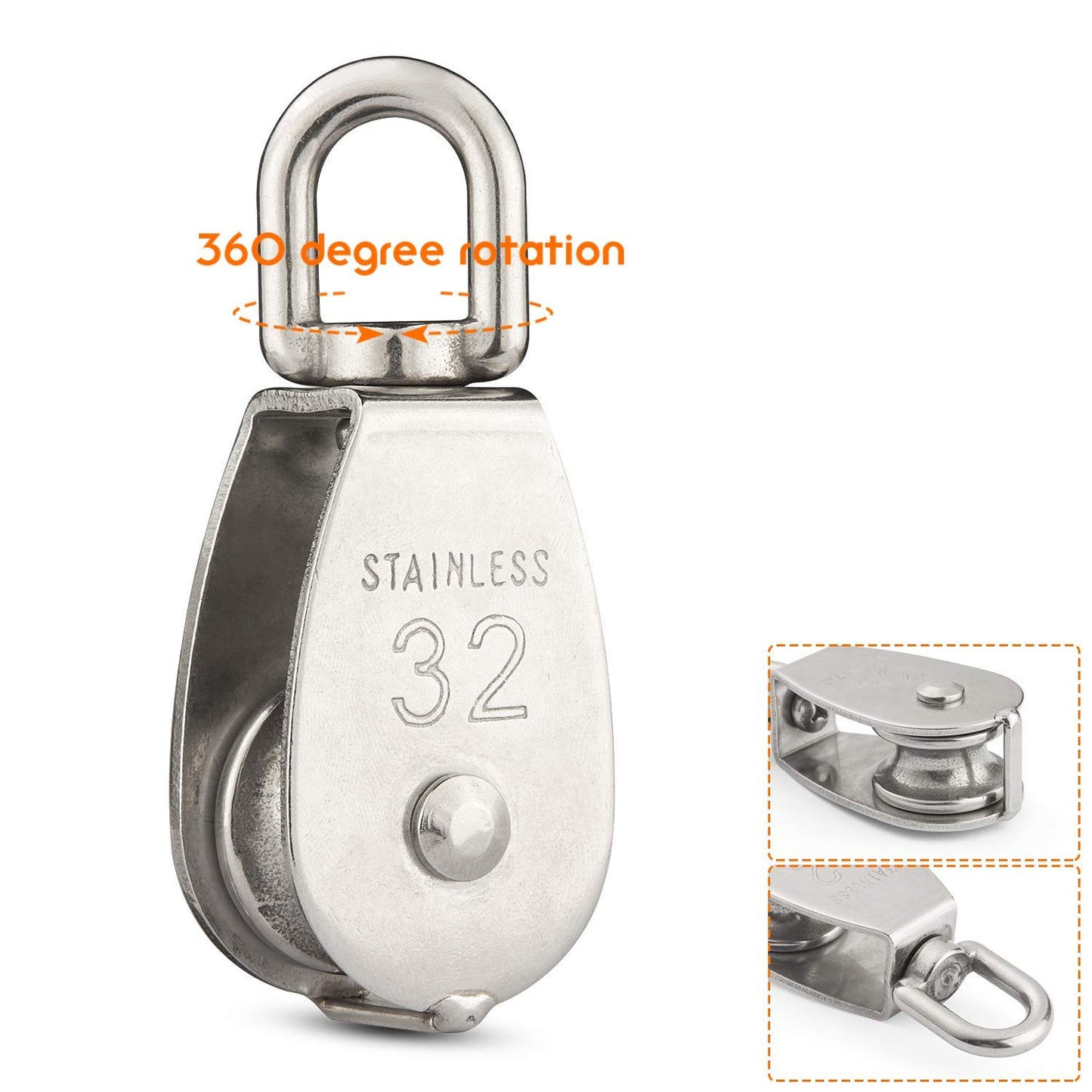 6 Pack M32 Lifting Single Pulley Roller Loading 550Ibs, 304 Stainless Steel Heavy Duty Single Wheel Swivel Lifting Rope Pulley Block 32mm Pulley Roller