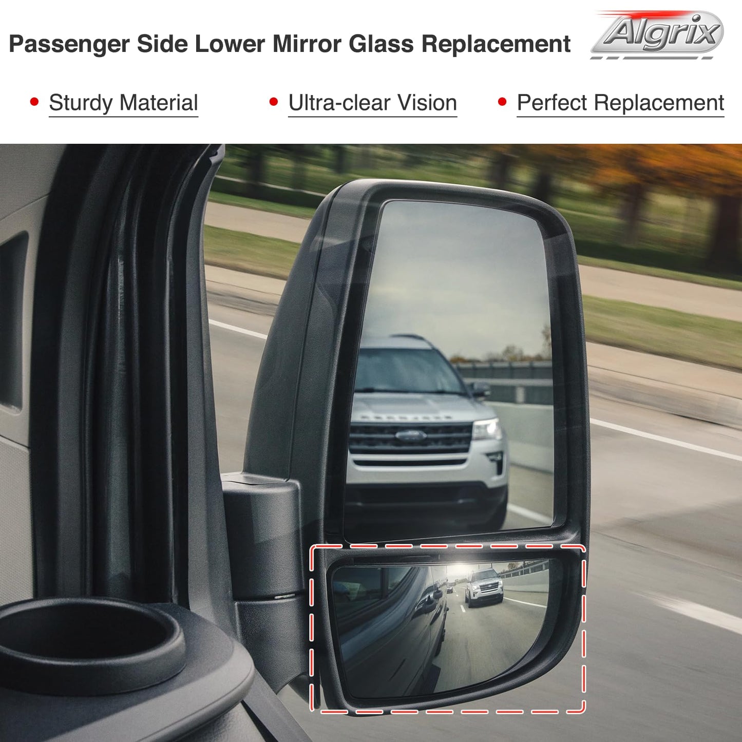 Algrix Passenger Side Lower Mirror Glass Replacement for Ford Transit 150 250 350 MK8 from 2014 to 2025, Right Towing Mirrors Convex Chromed Glass with Rear Mounting Backplate, Replaces BK3Z17K707A