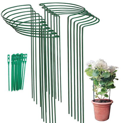 12 Pack Garden Plant Support Stakes Ring Cages with Garden Plant Ties, 10" Wide x 16" High Metal Half Round Plant Ring for Peonies, Hydrangea, Tomato, Rose