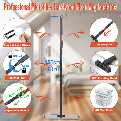 18" Microfiber Heavy Duty Floor Mop Adjustable Stainless Steel Handle with 4 Wet and Dry Mop Pads