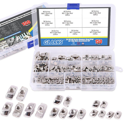Glarks 150Pcs European M3 M4 M5 M6 Hammer Head Drop in T Nut Slot Assortment Kit for 20/30/40 Series Aluminum Profile - Nickel Plated Carbon Steel
