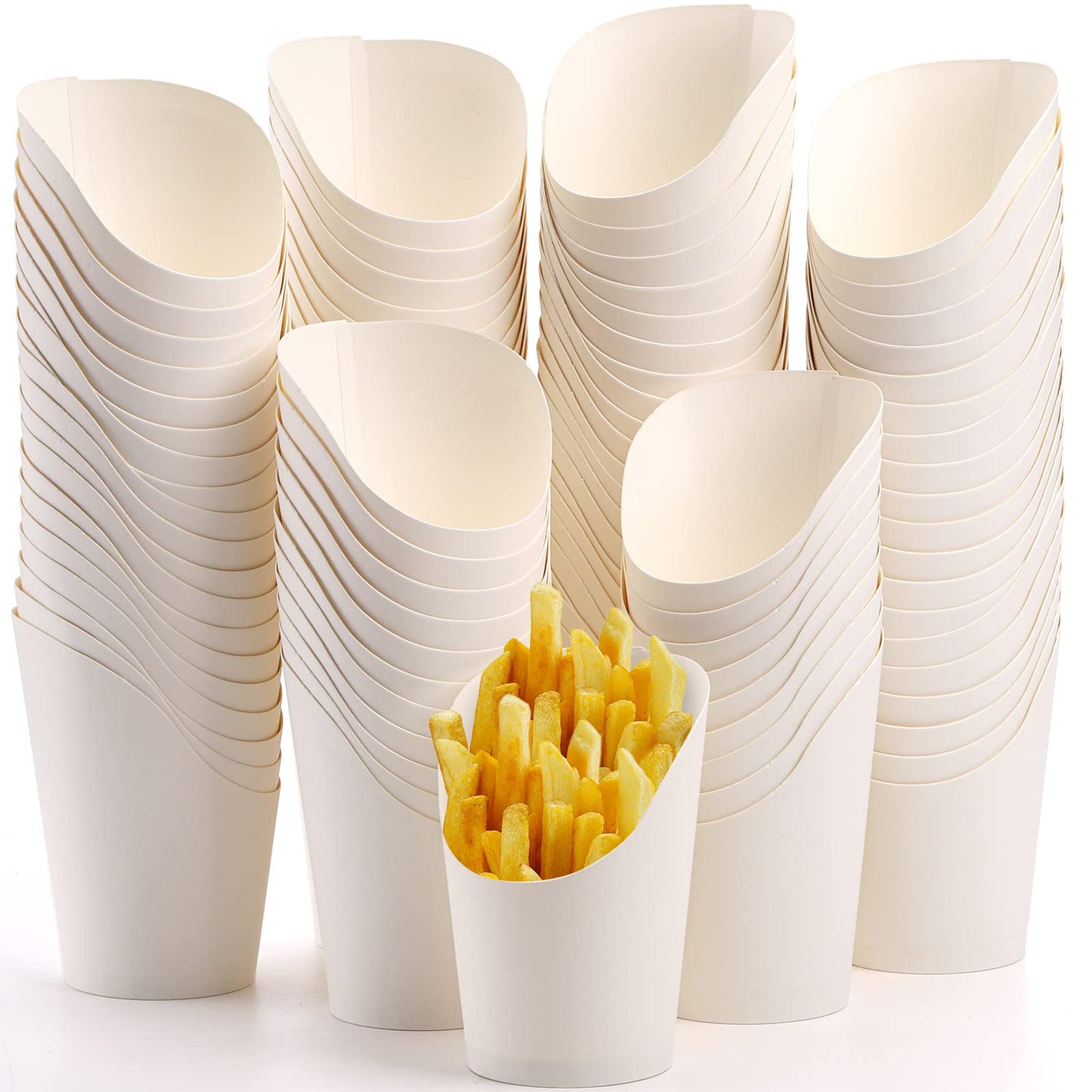 Lawei 100 Pcs French Fries Cup, 14oz Disposable French Fries Holder, Stackable Paper Charcuterie Cups, Take-Out Party Waffle Popcorn Containers for Wedding Birthday Party Baby Shower, White