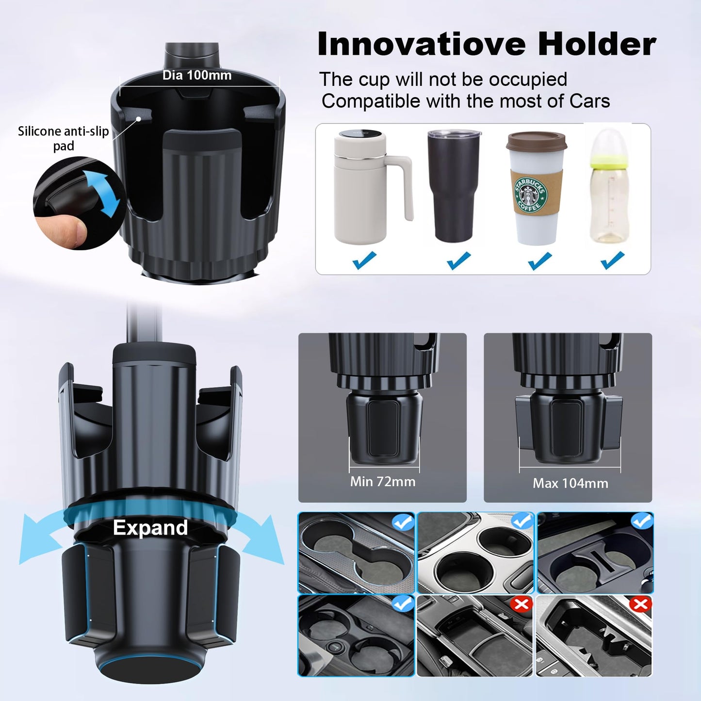 Cup Holder Phone Mount, 2 in 1 Universal Cup Holder Expander with Long Arm 360°Rotation Cup Phone Holder for Car Fits All 4-7” iPhone Galaxy Smartphones and Most Truck Bottles