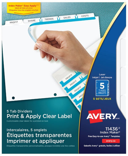 AVERY Index Maker Clear Label Dividers with Easy Apply Labels, for Laser and Inkjet Printers, White, 5 Tabs, 5 Sets, (11436)